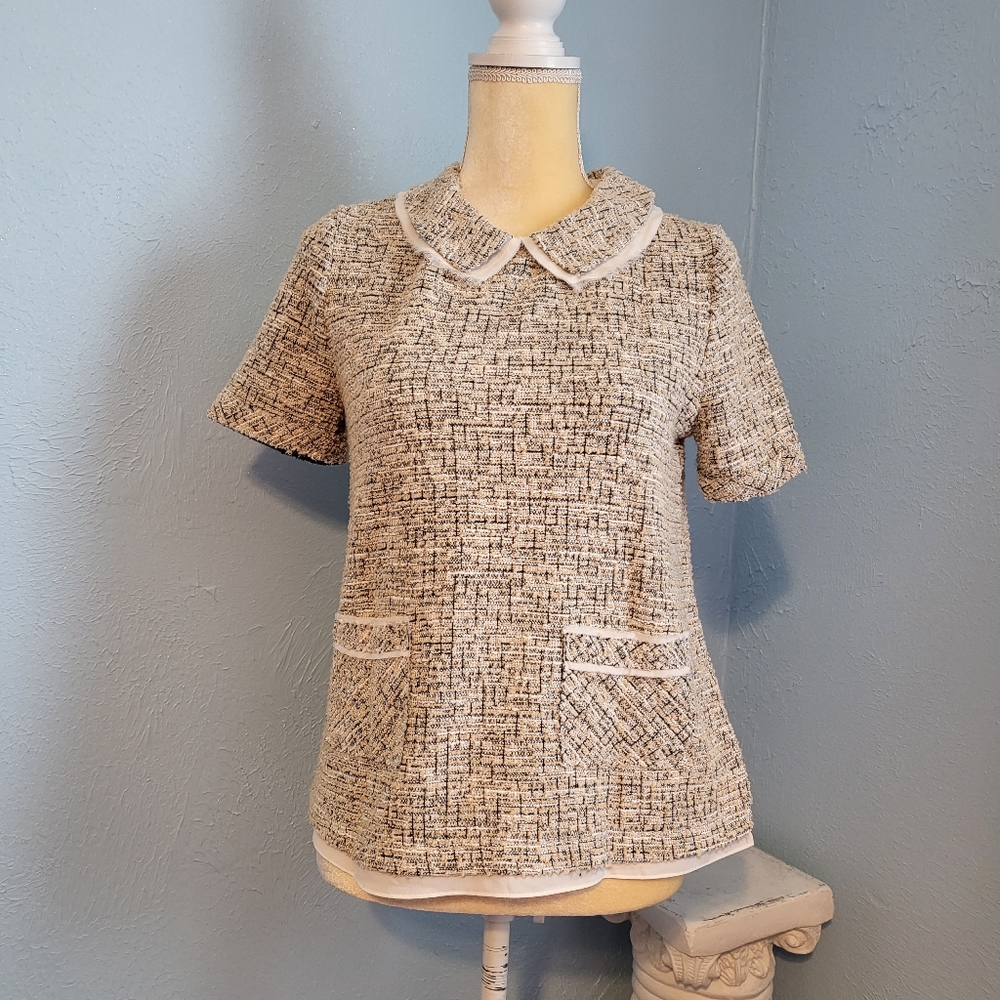 Anthropologie Postage Stamp Peter Pan collar Tweed top A61